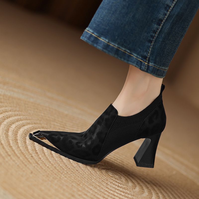 British Leopard Print Metal Head High Heels Women's Thick Heels New Spring And Autumn Season foto 2