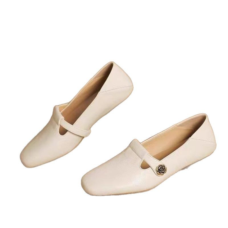Retro Square Head Genuine Leather Shallow Mouth Shoes Women foto 5