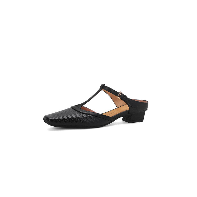 French-style Chunky-heeled T-strap Mary Jane Closed-toe Half-slipper foto 4