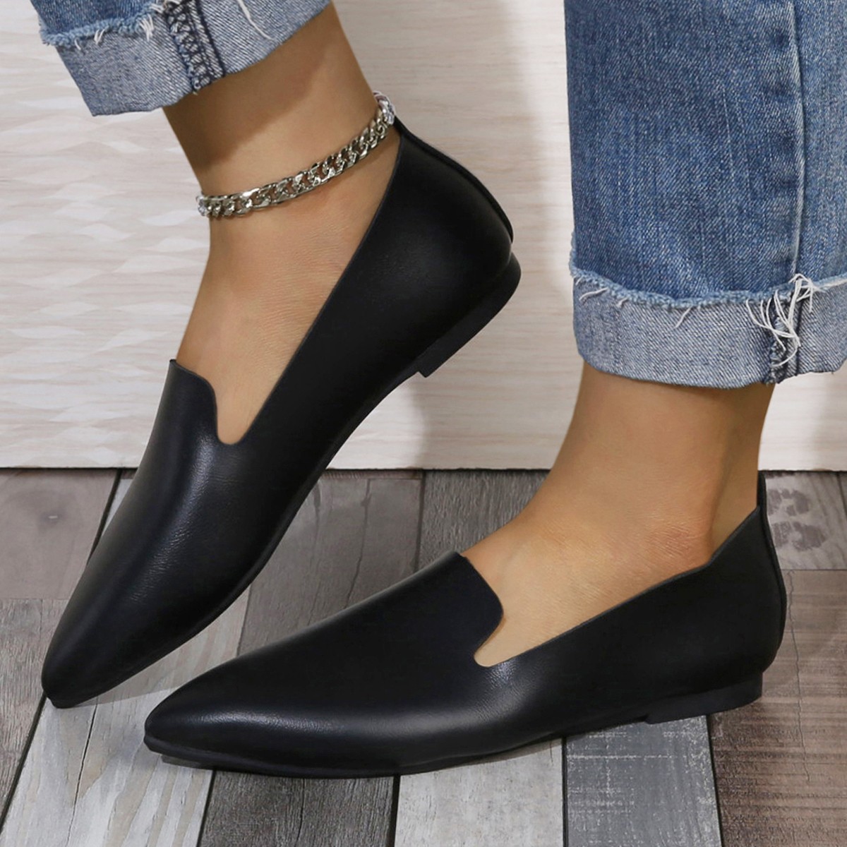 Leather Flat Bottom Pumps Female Low-cut Plus Size foto 5