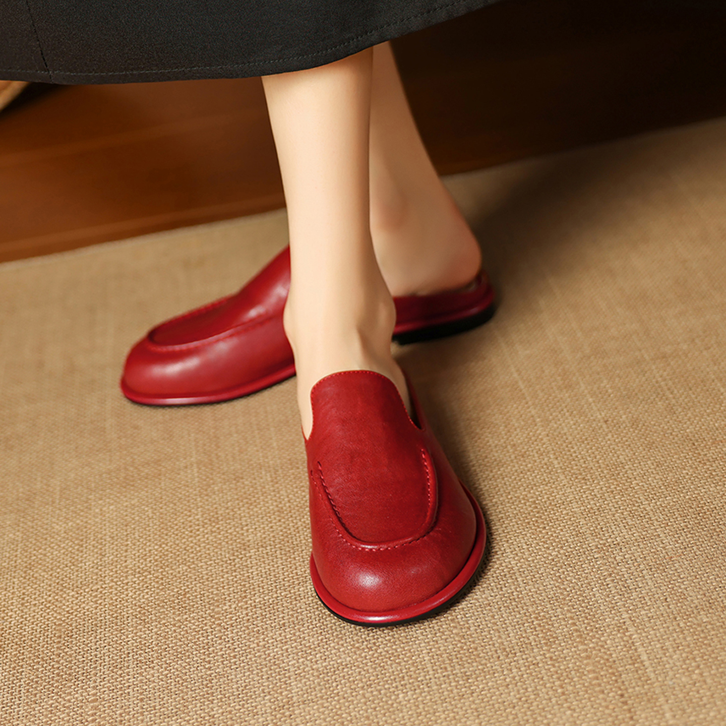 Women's Handmade Full-Grain Sheepskin Loafer Mules, Premium Leather Slip-On Backless Flats
