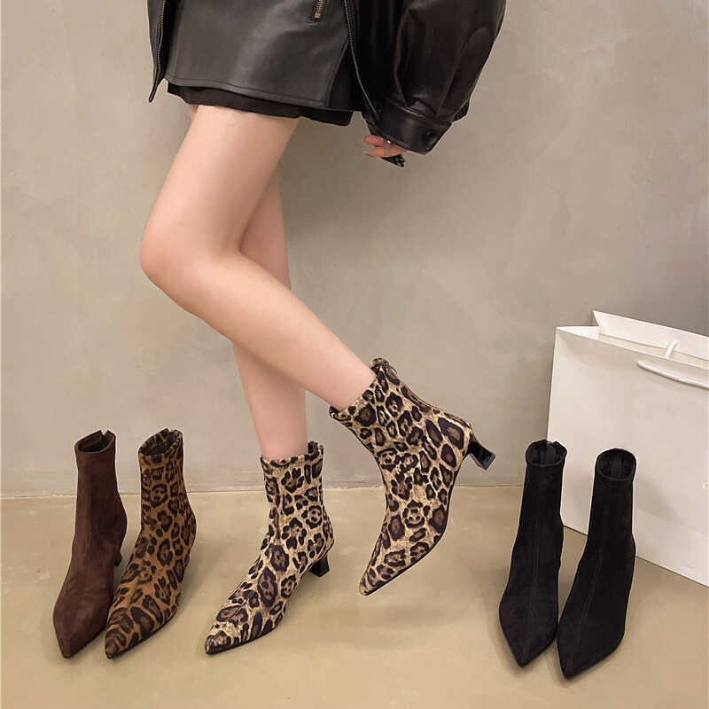 Slim High-heel Leopard Print Pointed Toe Stylish Short Boots For Women foto 5