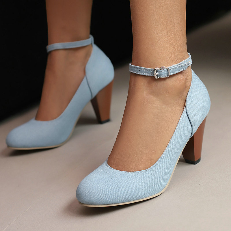 Denim Fabric Women's High Heel Buckle Waterproof Platform foto 3