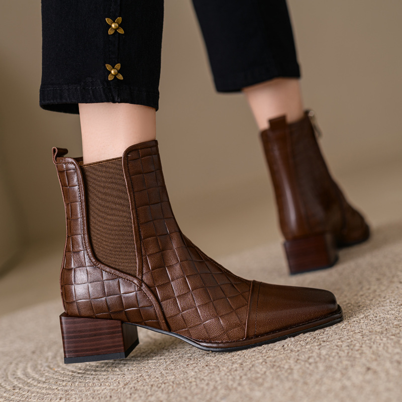 Retro Woven Square-toe Chunky-heel Womens Full-grain Leather Boots With Elastic Side Panels