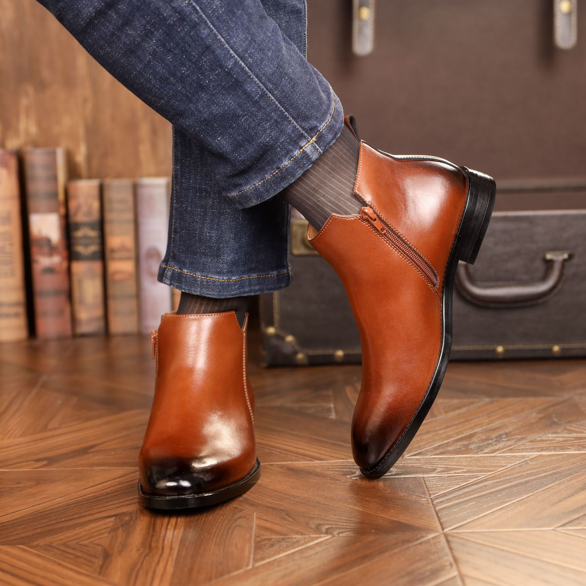 Men's British Style Casual Leather Side Zipper Martin Boots foto 3