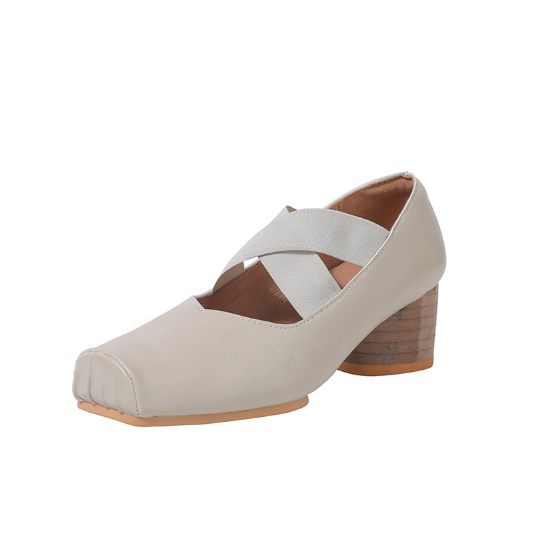 Cross-Strap Ruched Square-Toe Retro Chunky-Heel Ballet Flats