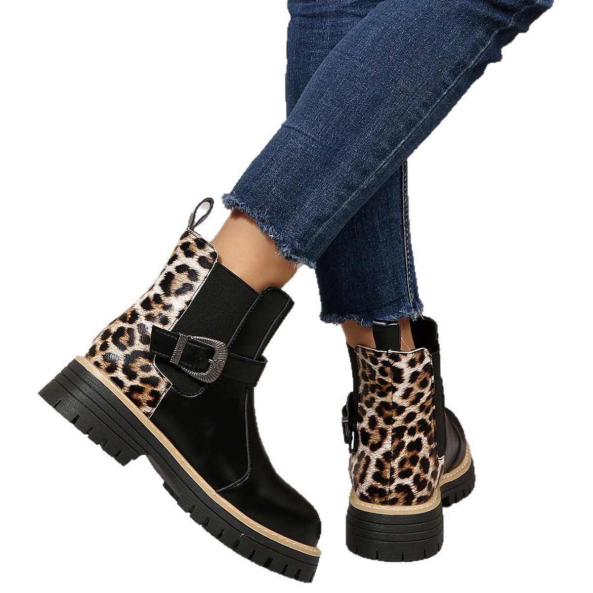 Large-size Fashionable Leopard Print Metal Buckle Boots foto 5