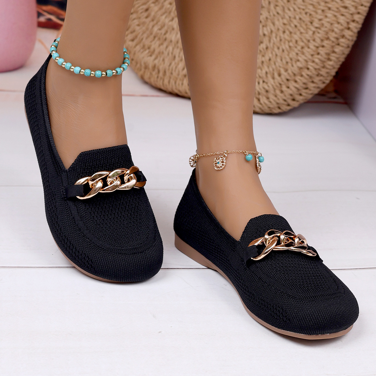 Womens Breathable Metal-chain Loafers With Soft Soles foto 5