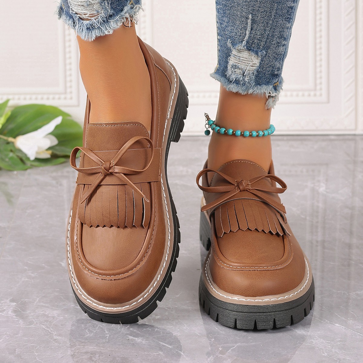 Plus Size Loafers Women Tassel Thick Heel Bowknot foto 4