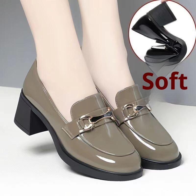 Dark Green Glossy Chunky Heel Metal Buckle Loafers For Women foto 3
