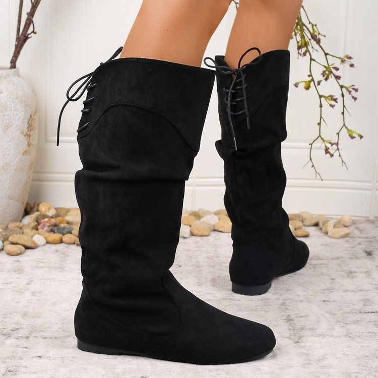 Womens Highshaft Pleated Suede Chunkyheel Boots foto 2