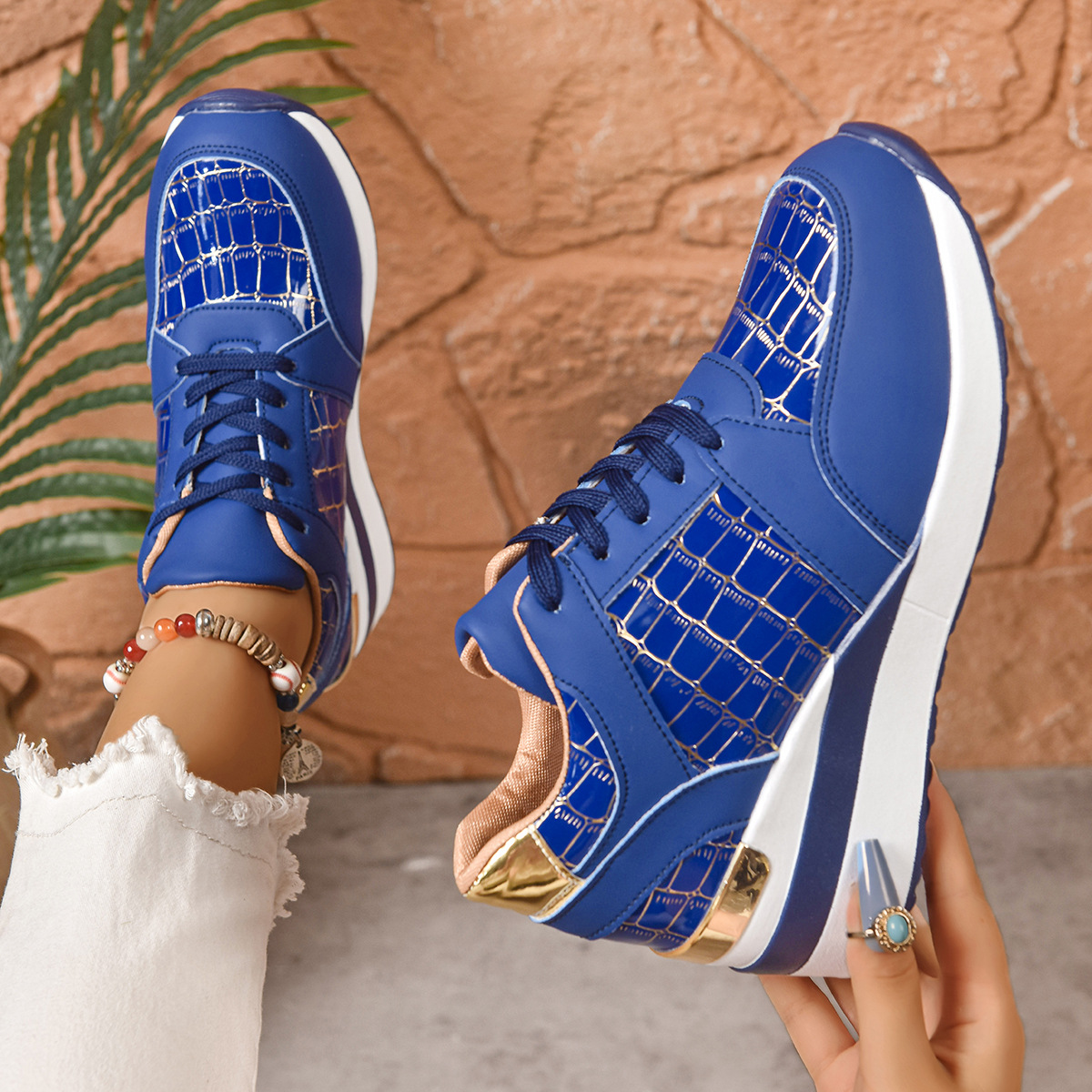 Women's Casual Plus Size Lace Color Block Wedge Sneaker foto 3