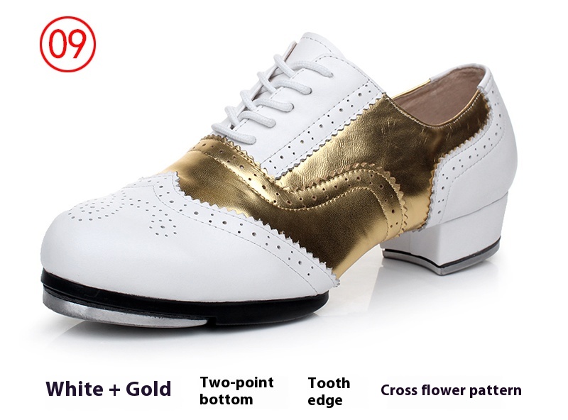 Women's Retro Top Layer Cowhide Soft Bottom Tap Dance Shoes foto 3