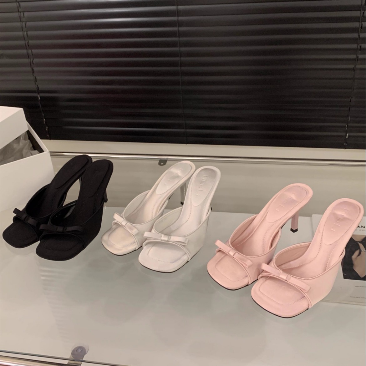 Square Head Fairy Bow High Heel Slippers Ankle-strap Stilettos foto 5