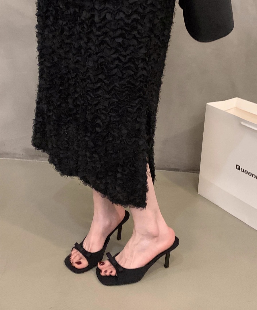 Square Head Fairy Bow High Heel Slippers Ankle-strap Stilettos foto 3