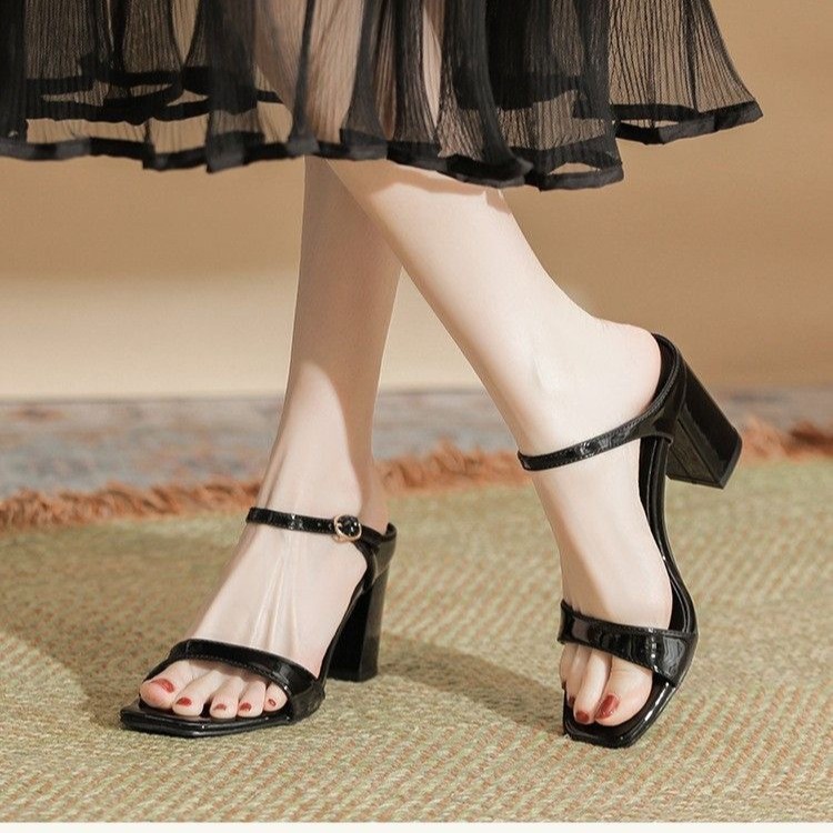 European And American Slippers Thick Heel Solid Color Fish Mouth Slingback Sandals foto 3
