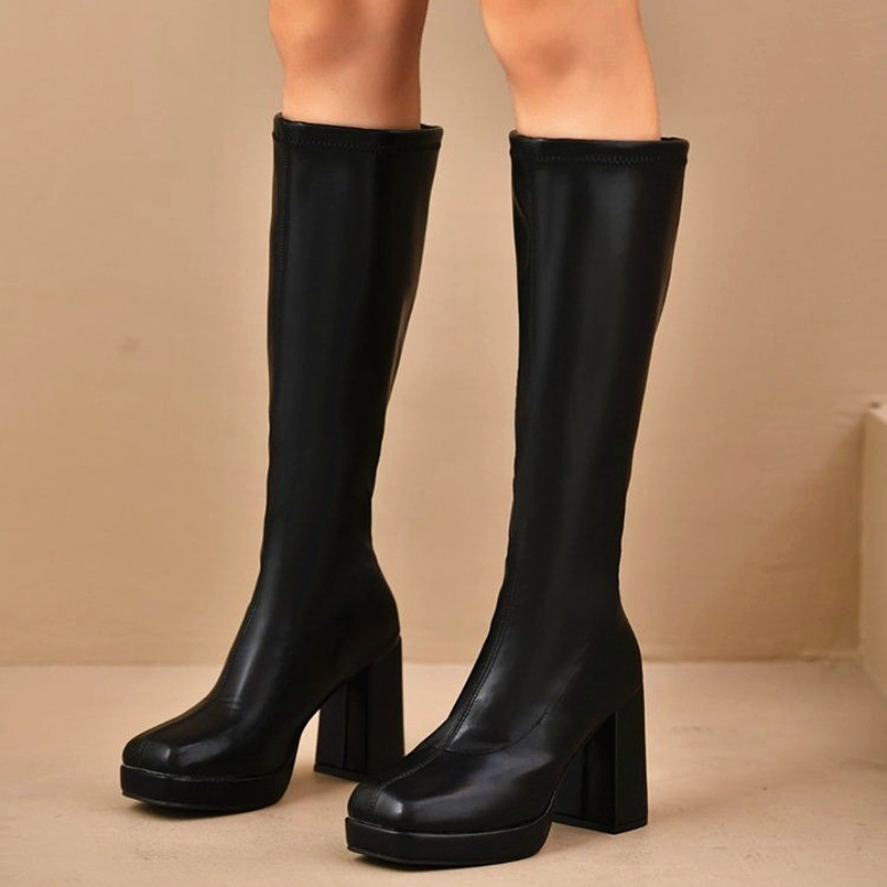 Chunky-Heeled Slimming Plus-Size Womens Leather Boots With Round Toes And Tall Shafts foto 3