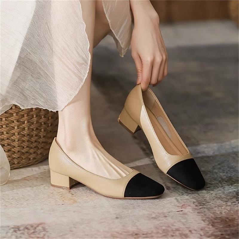Womens French-style Soft Leather Patchwork Chanel-inspired Chunky-heel Square-toe Pumps foto 2
