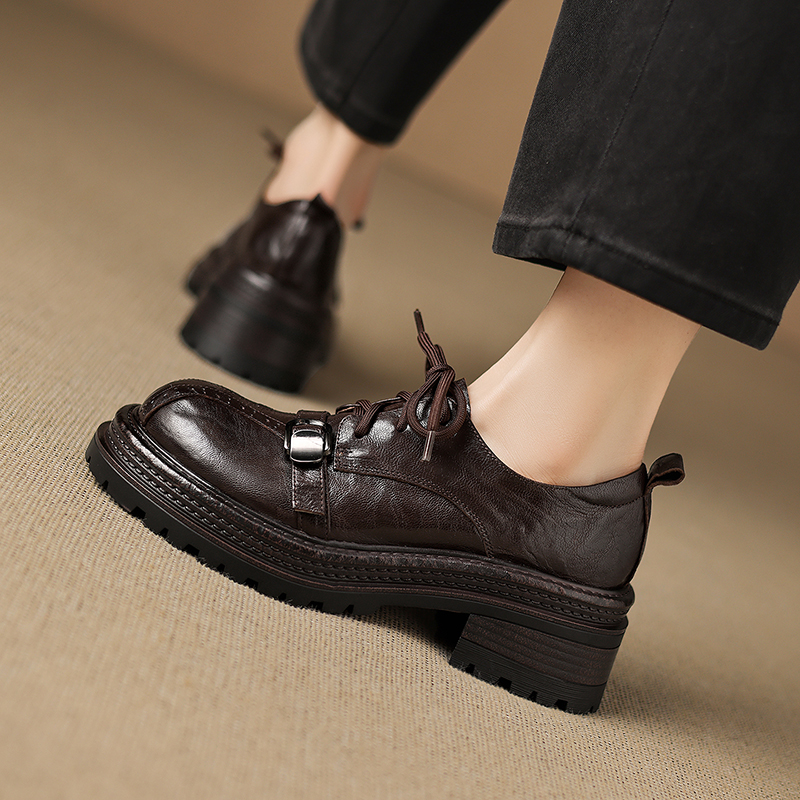 Women's Handmade Full-Grain Sheepskin Platform Oxfords, Chunky Heel Lace-Up Buckle Brogue Shoes foto 3