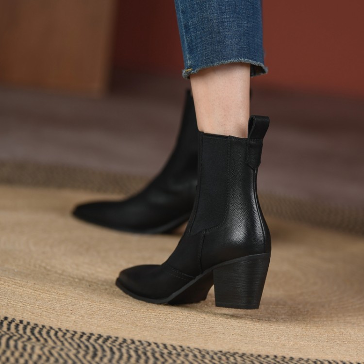 Womens Retro Pointed-toe Ankle Boots With Elastic Band And Chunky Heel foto 4