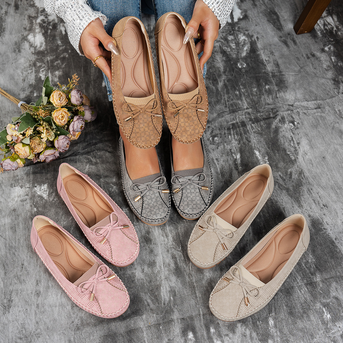 Stitching Bow Solid Color Women's Flat-heeled Shoes foto 4