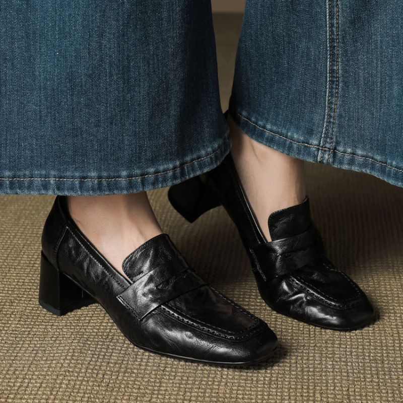 Womens Solid-Color Mid-Heel Retro Commuter Leather Square-Toe Pumps foto 3