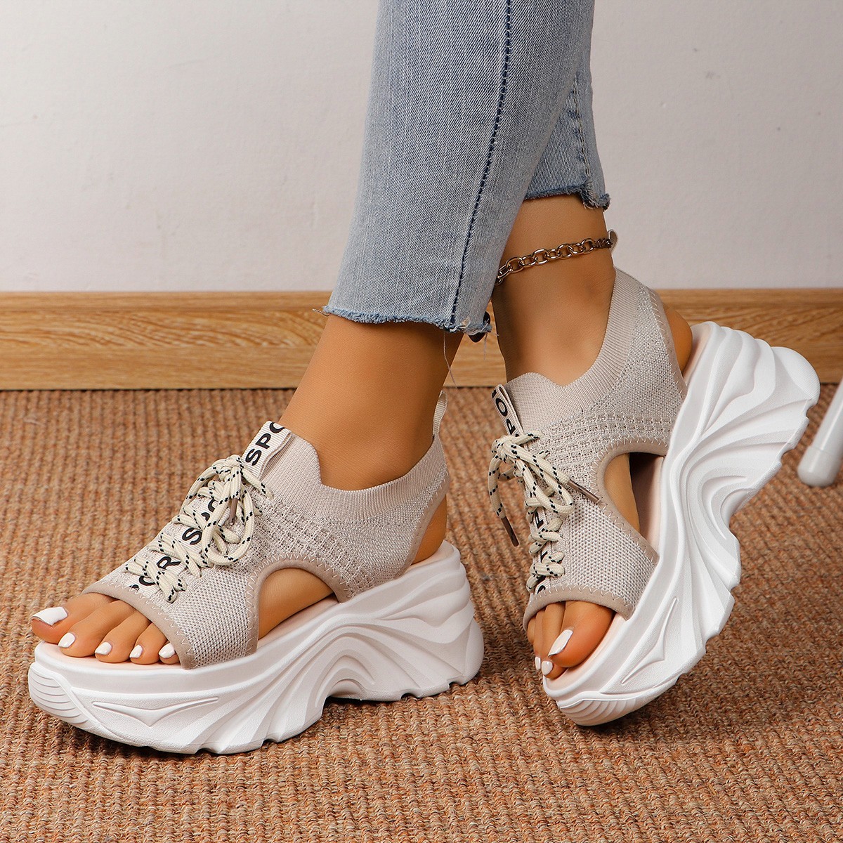 Women's Shoes Fashion Hollowed-out Mid Heel Mesh Sports Platform Sandals foto 2