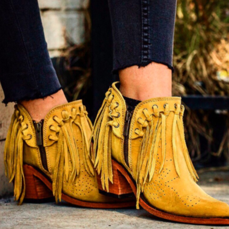 Fashionable Tasseled Pointed-Toe Chunky-Heel Plus-Size Womens Ankle Boots