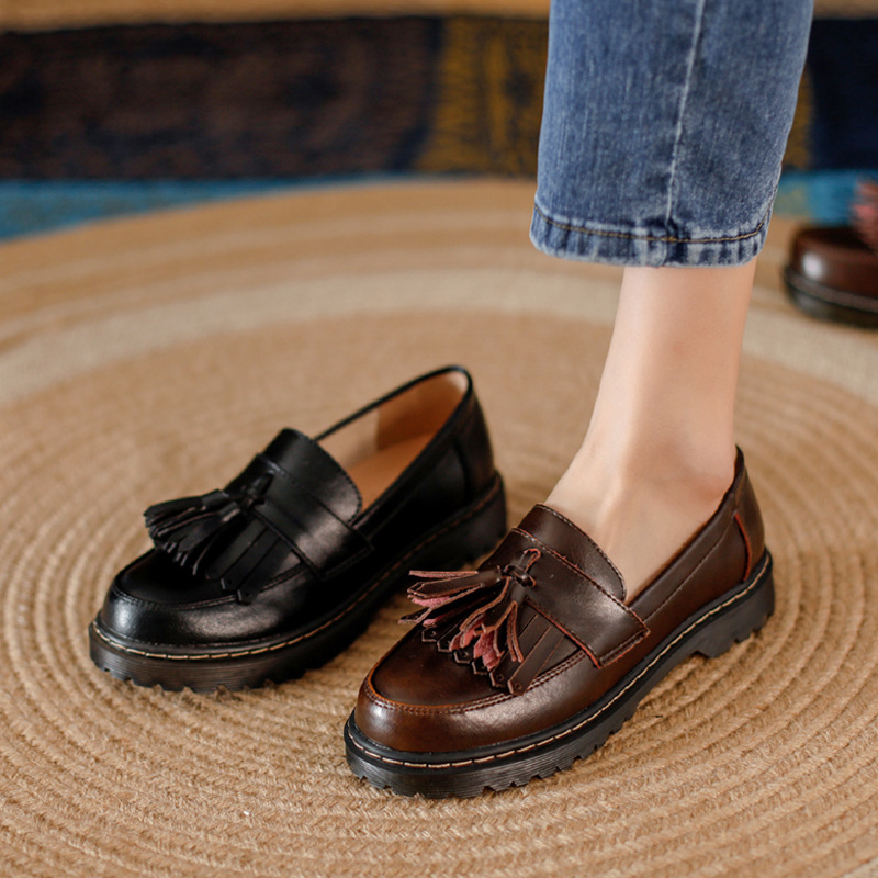 Tassel Retro Girls Artistic College Chunky Heel Loafers Leather Shoes foto 3