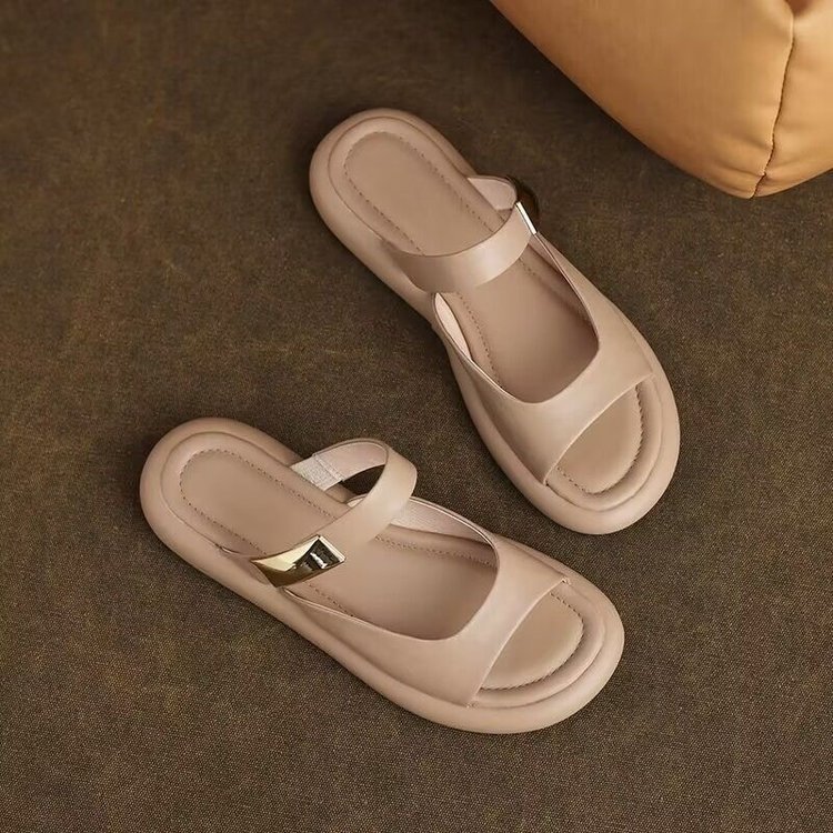 Peep Toe Flat For Outdoors French Soft Leather Platform Sandals foto 5