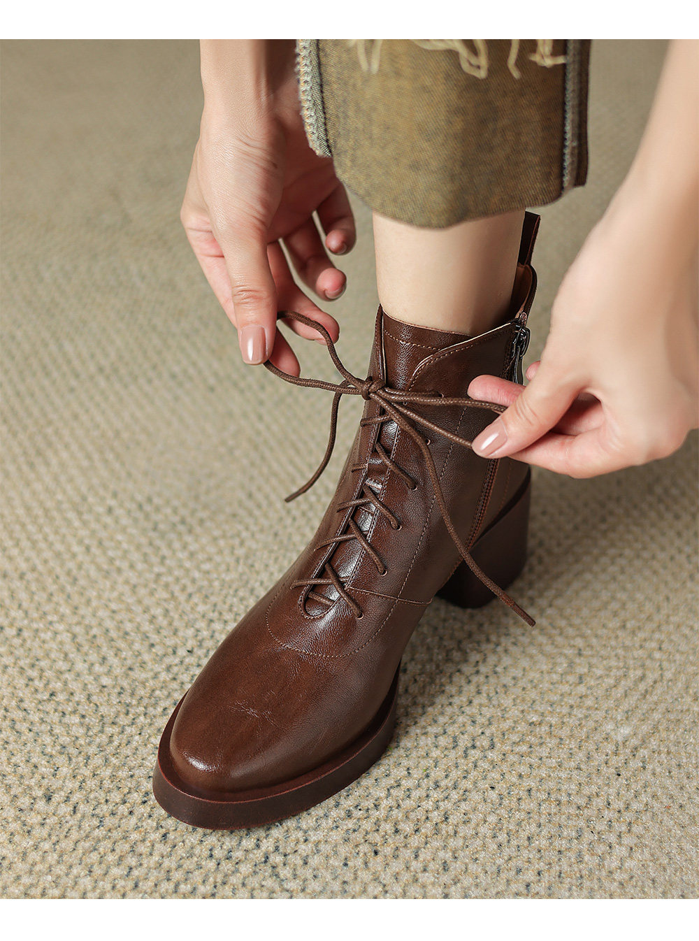 Retro Brown Leather Lace-up Boots foto 3