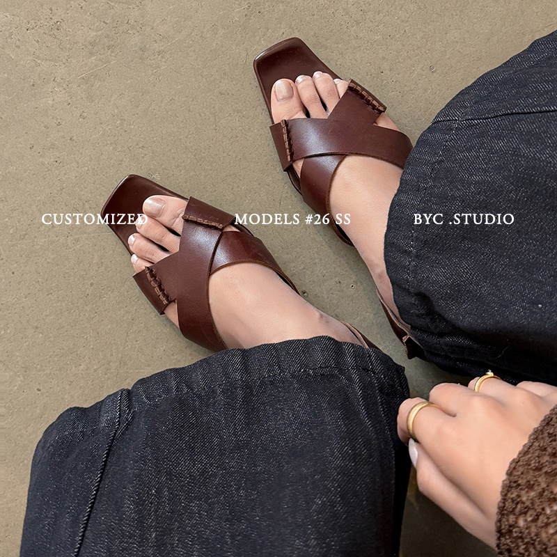 Women's Handmade Full-Grain Leather Crisscross Flat Sandals, Square-Toe Side Cutout Shoes foto 3
