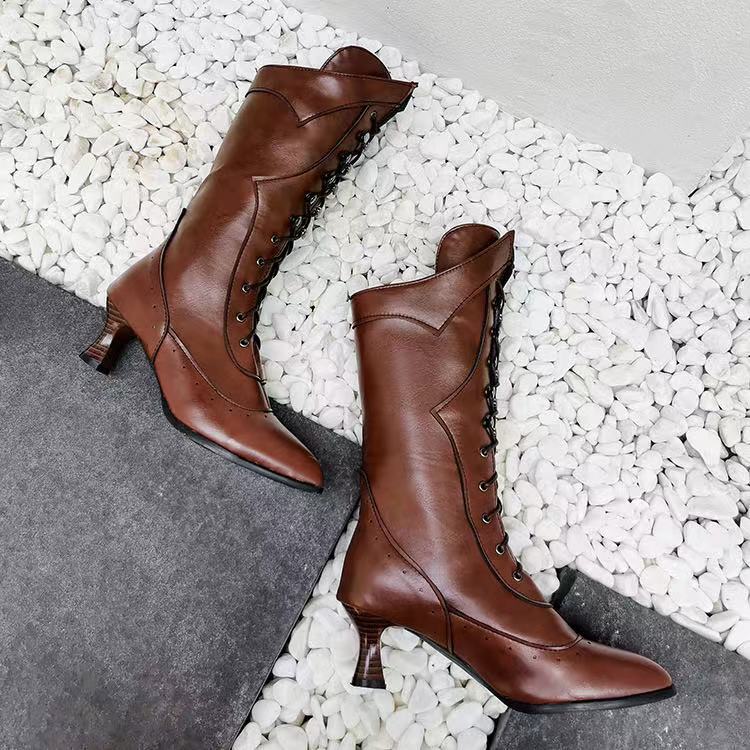 Lace-up Martin Boots Wine Cup Heel Round Toe Large Size Women's Boots foto 3