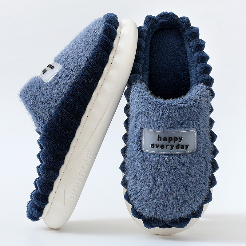 Home Slippers For Men Thick-soled Color-block Letters Fluffy Fleece House Shoes Winter Indoor Warm Slip On Floor Bedroom Slipper foto 4