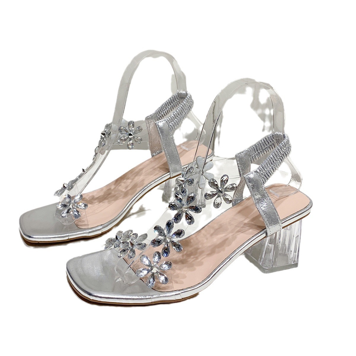 Fashion Flowers Sandals With Transparent High Square Heels Summer Square Toe Shoes For Women foto 5