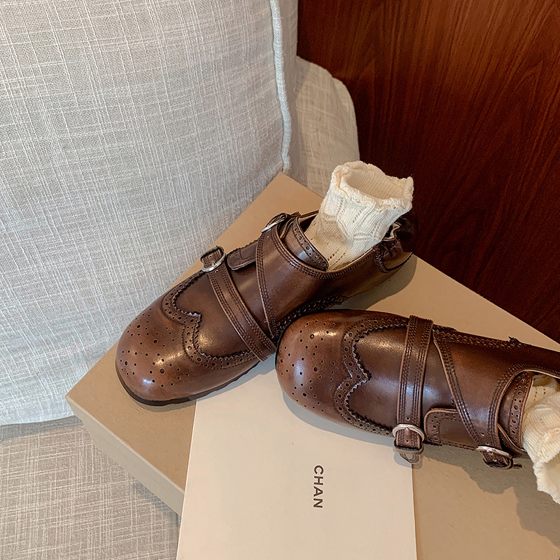 Women's Handmade Washed Cow Leather Mary Jane Flats, Brogue Buckle Cross Strap Shoes In Premium Full-Grain Leather