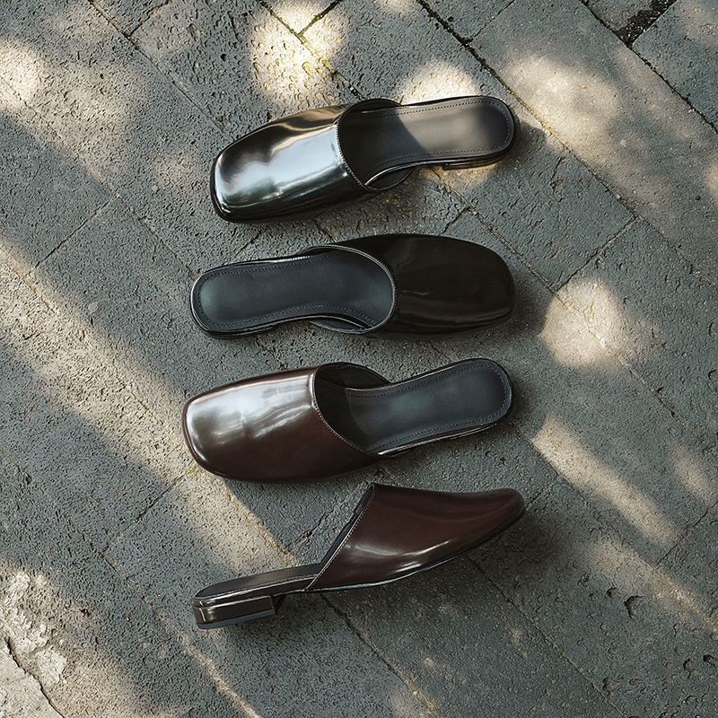 Women's Handmade Full-Grain Leather Closed-Toe Mules, Square-Toe Slip-On Flat Slides With Sheepskin Lining & Insole foto 3