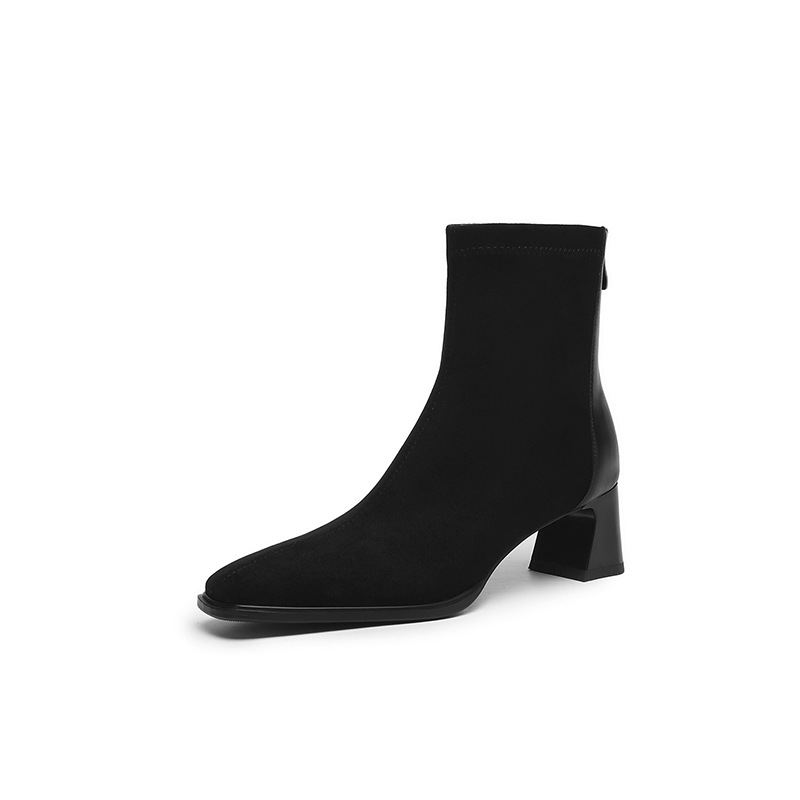 French-style Vintage Leather Patchwork Mid-heel Ankle Boots foto 5