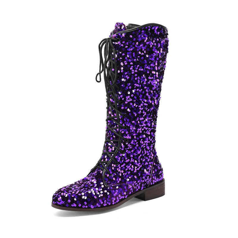 Glittery Round-toe Mid-heel Over-the-knee Boots With Front Lacing foto 3