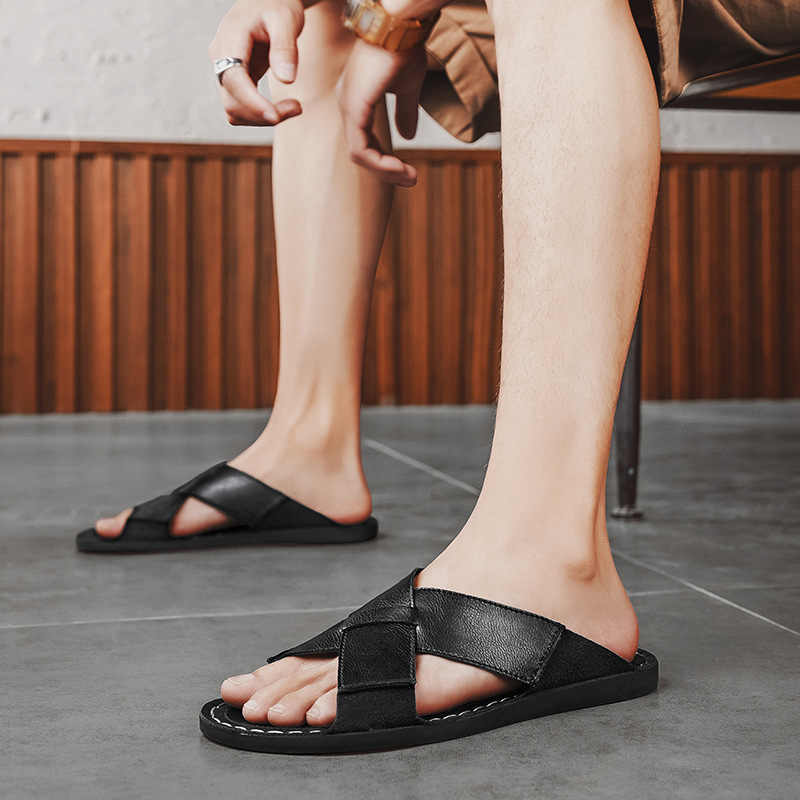 Summer New Genuine Leather Men's Breathable Casual Slip-on Beach Sandals foto 2