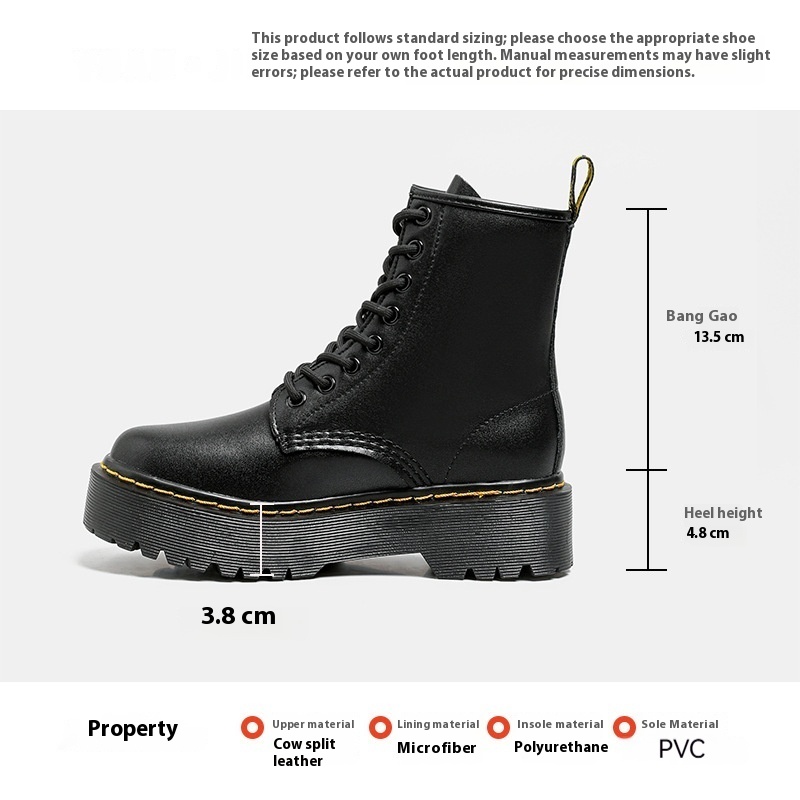 Platform Martin Boots Women's Thickened Real Leather Black Flat Bottom foto 4