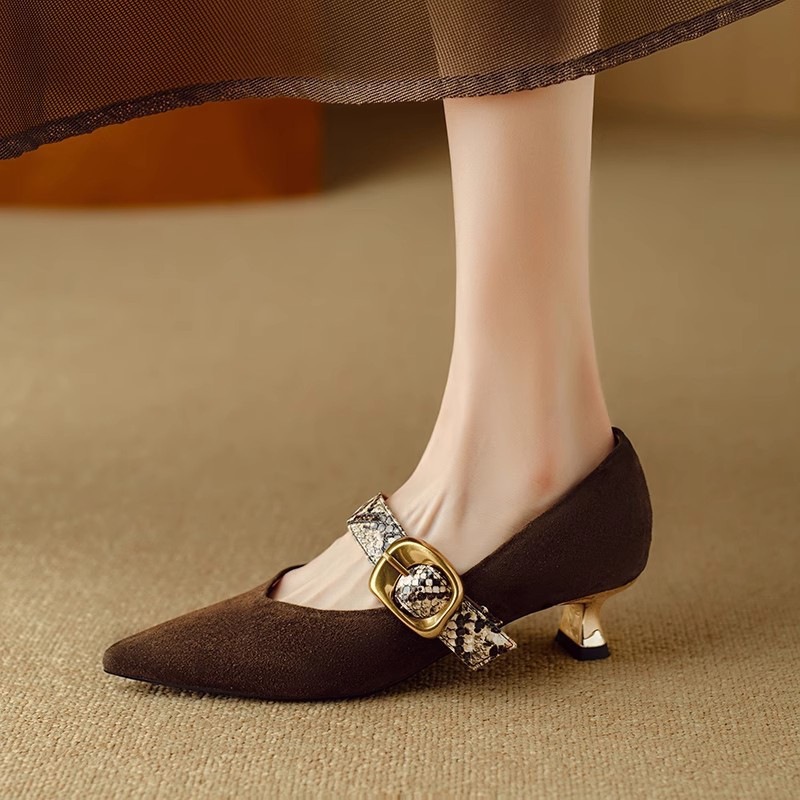 French Pointed High Heels Women's Stiletto Low-cut Shoes Elegant Buckle Regen Shoes foto 4