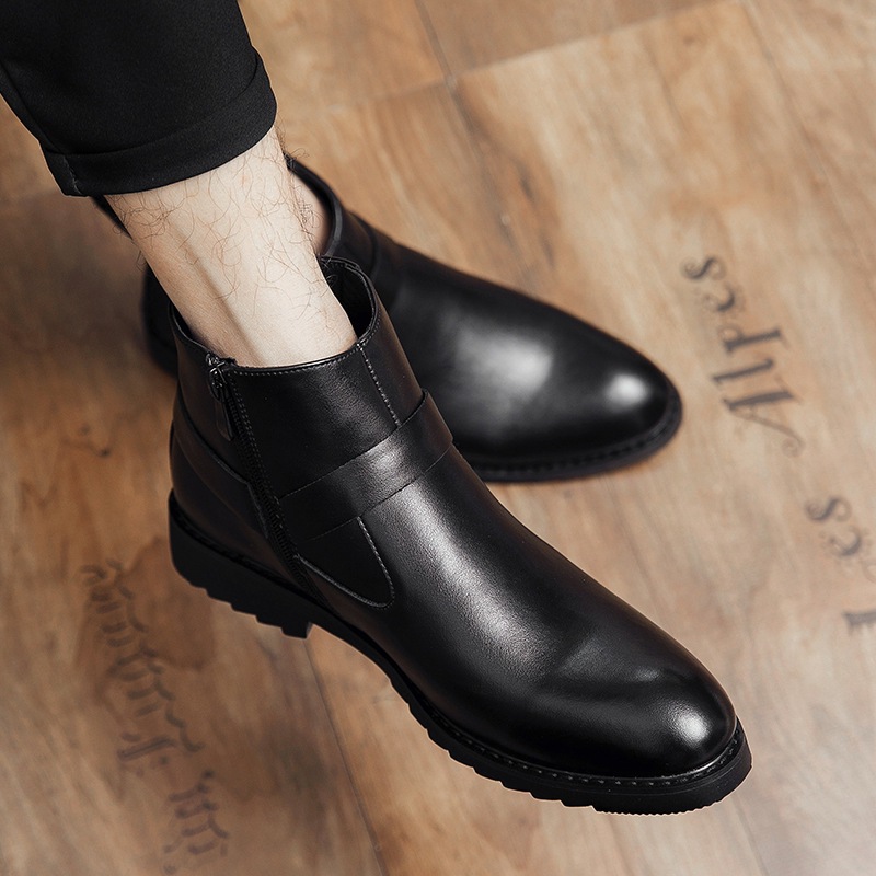 Zipper Pointed British Style High-top Large Size Leather Boots foto 3