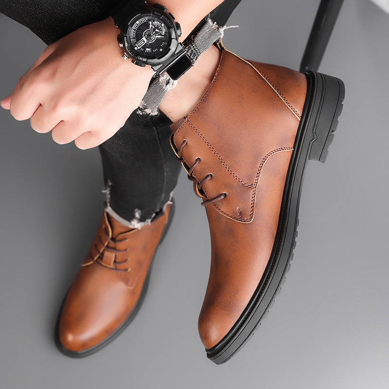 Retro Lace Up Denim Trendy Mid-length Warm Non-slip Men's Martin Boots foto 5