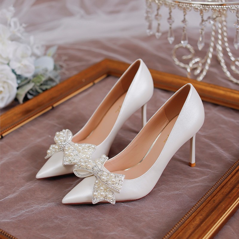 Women's Stiletto Heel Bride Wedding Dress Shoes White foto 4