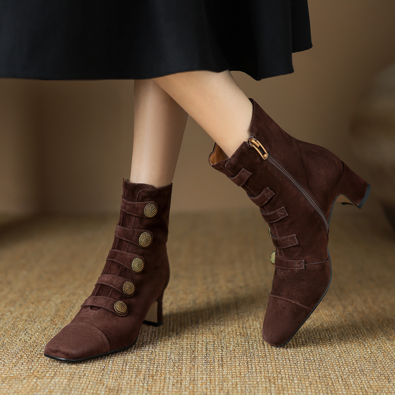 Retro High-heeled Ankle Boots For Women New Autumn Style Suede Round Toe Side Zipper Chunky Heel foto 5