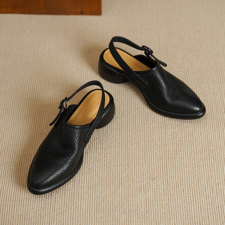 Women's Closed Toe Platform Genuine Leather Sandals, Round Toe, Chunky Heel, Single Buckle Strap, Open Back Roman Style, First-Layer Lambskin Shoes foto 3