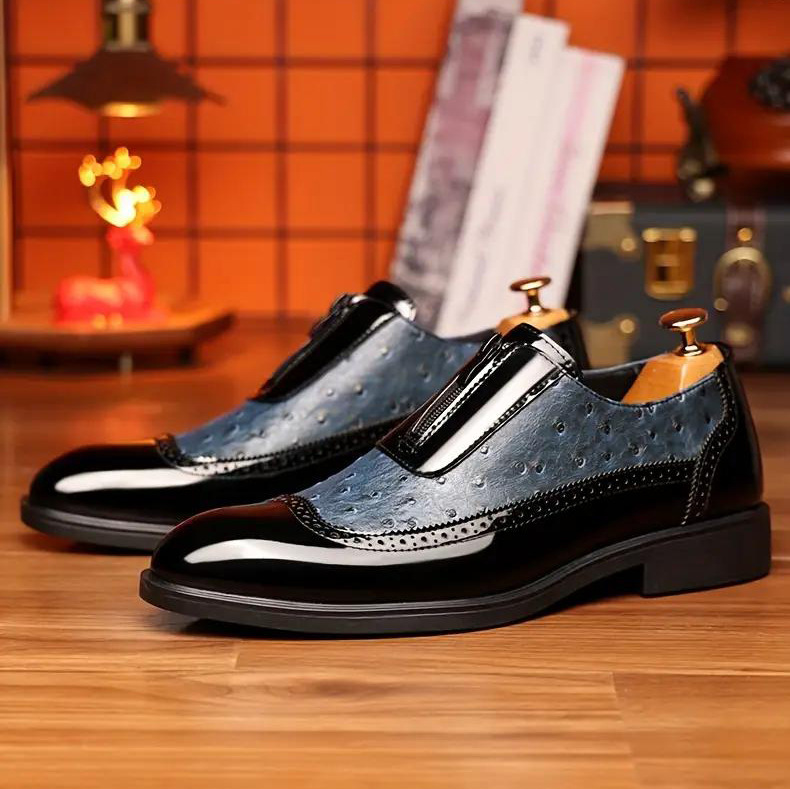 Ostrich Grain Embossed Zipper Pointed Plus Size Bright Leather Chelsea Men's Shoes foto 5