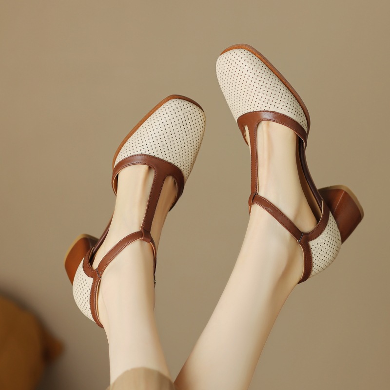 Womens Leather Mule Sandals With Color-block Design, Tstrap Buckle And Breathable Perforations