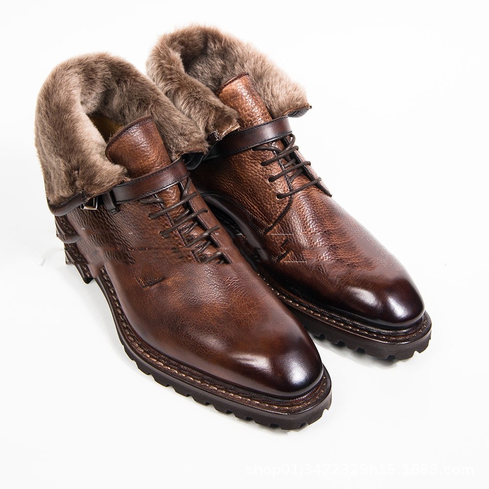 Round Head Front Lace-up Wool Mouth Low-cut British Style Chunky Heel Low Men's Boots foto 4